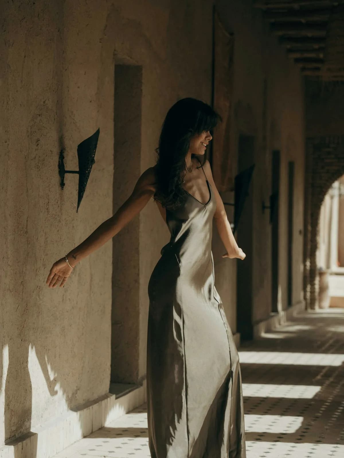 Iris Sculpted Body — Model in a long slip, interior